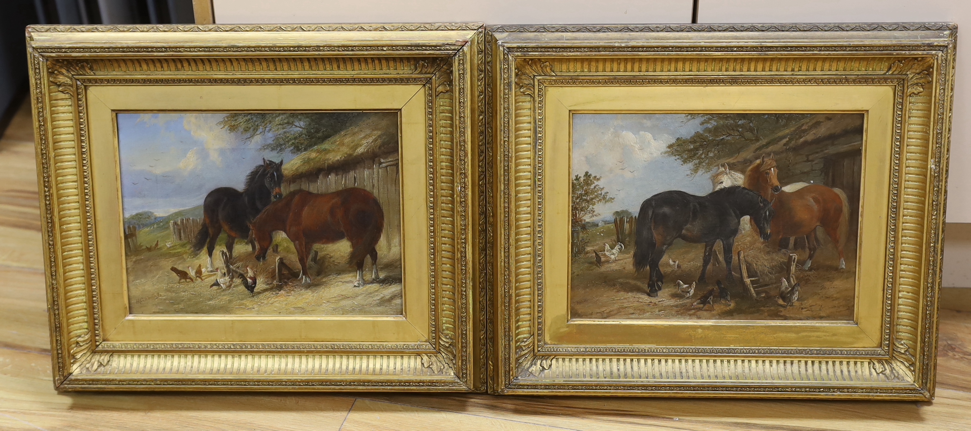 Henry Charles Woollett (1826 - 1893) pair of oils on canvas, Farmyard scenes with horses and chickens, signed, each 29cm x 22cm